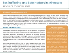 [ai] An informational flyer for hotel staff about sex trafficking and safe harbors in Minnesota, detailing definitions and legal frameworks related to human trafficking and the exploitation of minors.